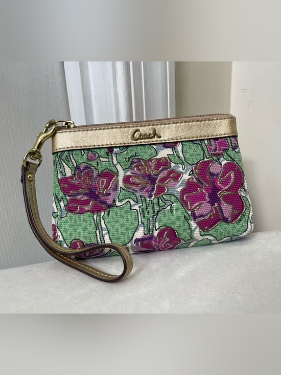 Coach Handbags - Coach Ashley Iris Pink Floral Canvas Wristlet with Gold Trim